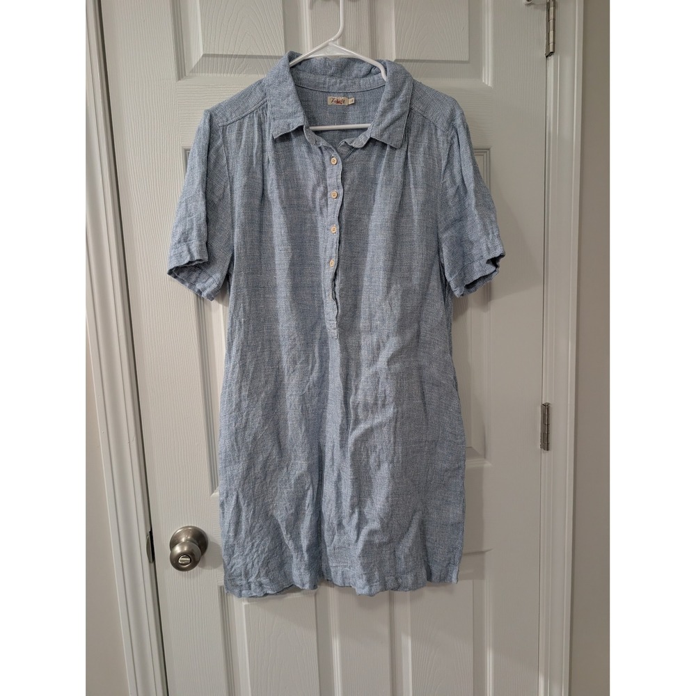 Faherty, Wmn's L, Hana 100% Linen Popover Dress, Blue Basket Weave, Short Sleeve